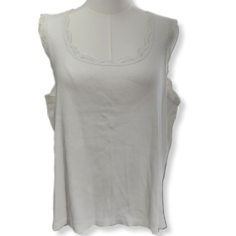 Talbots Woman Rib Knit Tank Top with Lace Detail White 2X W-965